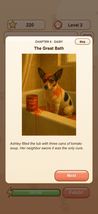 Daisy in a tomato-soup bath