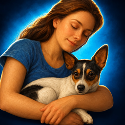 Dog Stories app icon: Ashley hugging Daisy the Rat Terrier